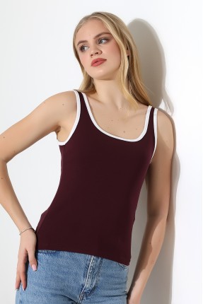 Beyaz Biye Detaylı Likralı Bluz Atlet 21765 MÜRDÜM