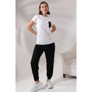 Süs Cepli Pantolon ve Pamuklu T-Shirt Alt Üst Takım 21556 BEYAZ-SİYAH