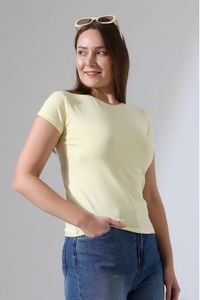 Bisiklet Yaka Kısa Kol Penye Kompakt Likralı Basic T-Shirt 21060 AÇIK SARI