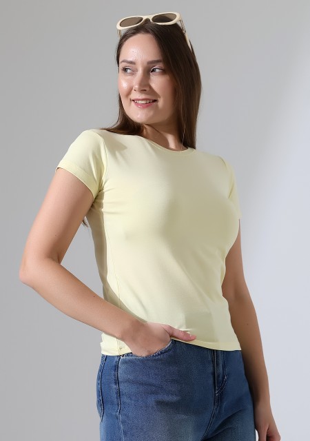 Bisiklet Yaka Kısa Kol Penye Kompakt Likralı Basic T-Shirt 21060 AÇIK SARI