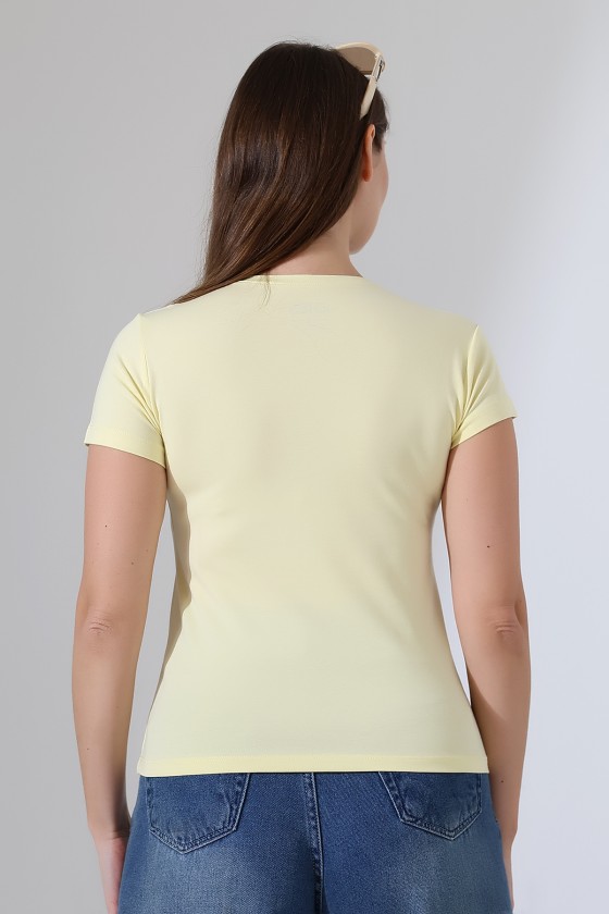 Bisiklet Yaka Kısa Kol Penye Kompakt Likralı Basic T-Shirt 21060 AÇIK SARI