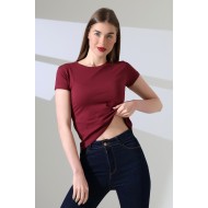 Bisiklet Yaka Kısa Kol Penye Kompakt Likralı Basic T-Shirt 21060 BORDO