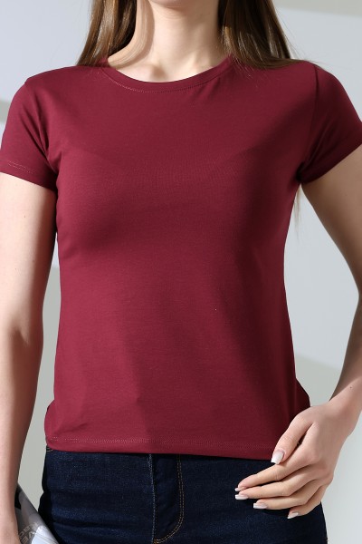 Bisiklet Yaka Kısa Kol Penye Kompakt Likralı Basic T-Shirt 21060 BORDO