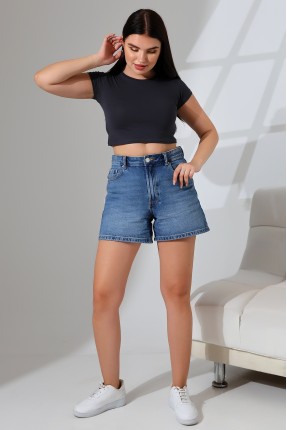 Bisiklet Yaka Kompakt Penye Esnek Kumaş Crop T-Shirt 21750 FÜME