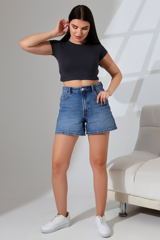 Bisiklet Yaka Kompakt Penye Esnek Kumaş Crop T-Shirt 21750 FÜME