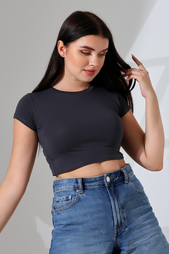 Bisiklet Yaka Kompakt Penye Esnek Kumaş Crop T-Shirt 21750 FÜME