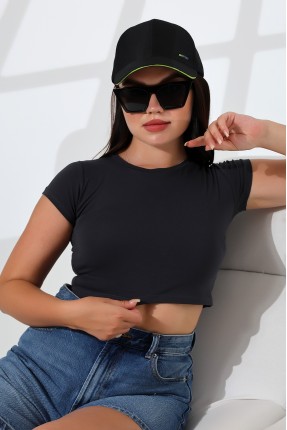 Bisiklet Yaka Kompakt Penye Esnek Kumaş Crop T-Shirt 21750 FÜME