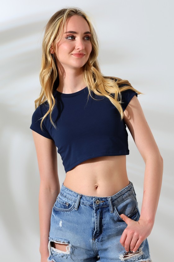 Bisiklet Yaka Kompakt Penye Esnek Kumaş Crop T-Shirt 21750 LACİVERT