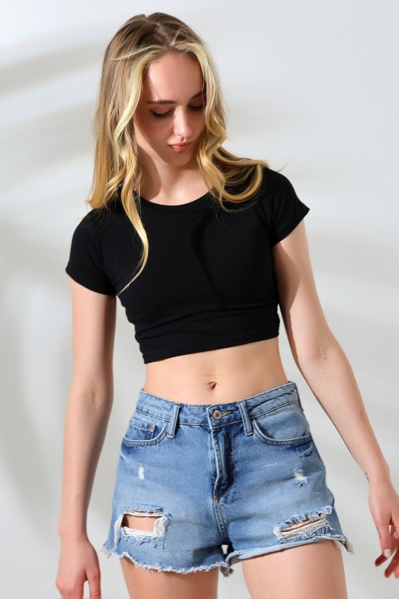 Bisiklet Yaka Kompakt Penye Esnek Kumaş Crop T-Shirt 21750 SİYAH