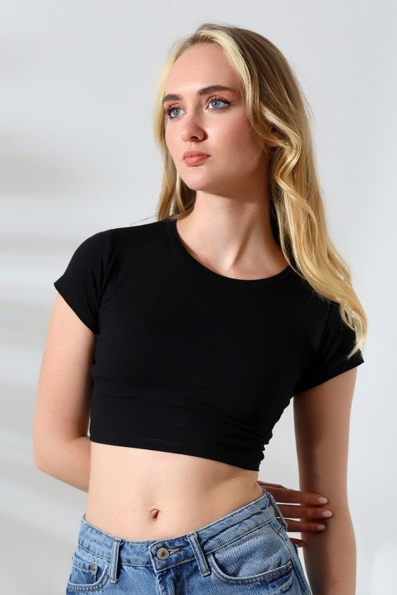 Bisiklet Yaka Kompakt Penye Esnek Kumaş Crop T-Shirt 21750 SİYAH