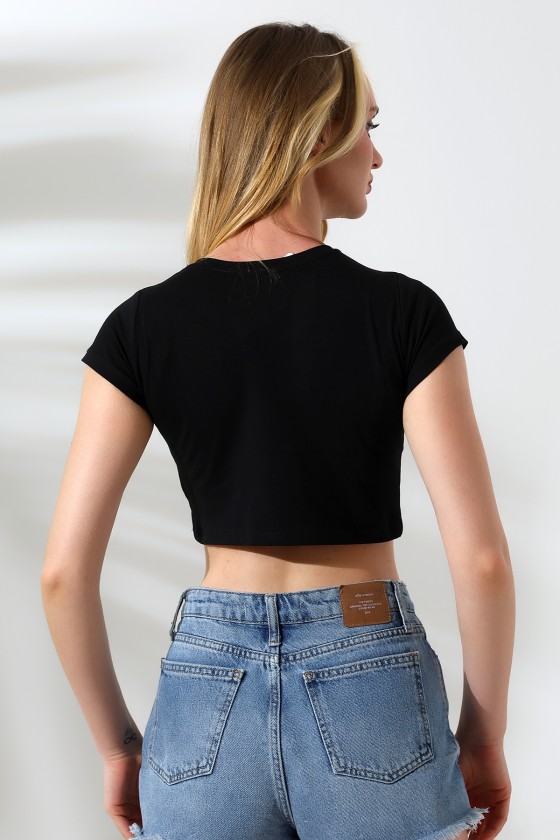 Bisiklet Yaka Kompakt Penye Esnek Kumaş Crop T-Shirt 21750 SİYAH