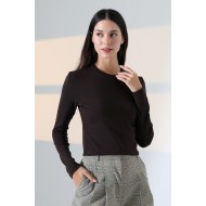 Bisiklet Yaka Penye Kompakt Esnek Kumaş Uzun Kol Bluz 21651 KAHVE