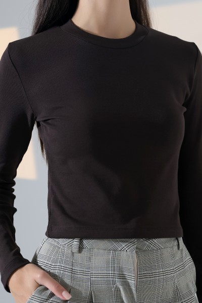 Bisiklet Yaka Penye Kompakt Esnek Kumaş Uzun Kol Bluz 21651 KAHVE