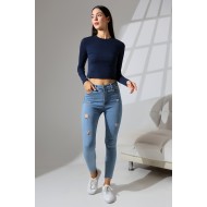Bisiklet Yaka Penye Kompakt Esnek Kumaş Uzun Kol Bluz 21651 LACİVERT