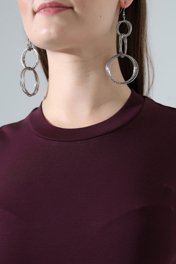 Bisiklet Yaka Penye Kompakt Esnek Kumaş Uzun Kol Bluz 21651 MÜRDÜM