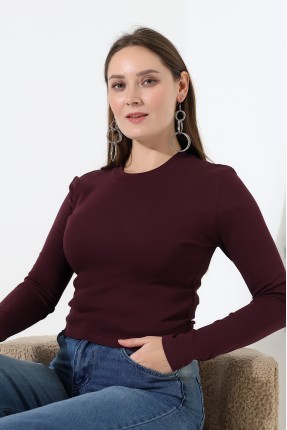 Bisiklet Yaka Penye Kompakt Esnek Kumaş Uzun Kol Bluz 21651 MÜRDÜM