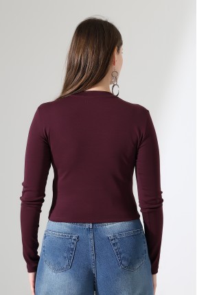 Bisiklet Yaka Penye Kompakt Esnek Kumaş Uzun Kol Bluz 21651 MÜRDÜM