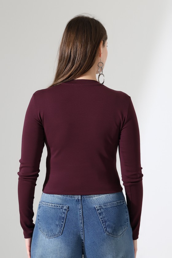 Bisiklet Yaka Penye Kompakt Esnek Kumaş Uzun Kol Bluz 21651 MÜRDÜM