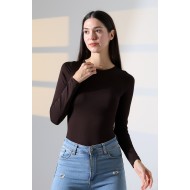 Bisiklet Yaka Uzun Kollu Altı Külotlu ve Çıt Çıtlı Kadın Atlet T-Shirt 21941 KAHVE