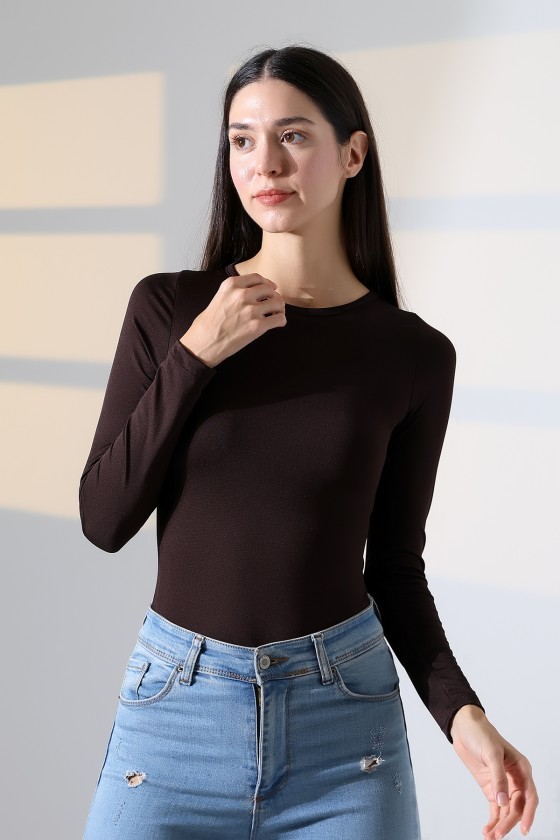 Bisiklet Yaka Uzun Kollu Altı Külotlu ve Çıt Çıtlı Kadın Atlet T-Shirt 21941 KAHVE