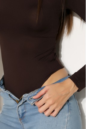 Bisiklet Yaka Uzun Kollu Altı Külotlu ve Çıt Çıtlı Kadın Atlet T-Shirt 21941 KAHVE