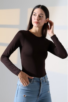 Bisiklet Yaka Uzun Kollu Altı Külotlu ve Çıt Çıtlı Kadın Atlet T-Shirt 21941 KAHVE