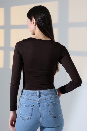 Bisiklet Yaka Uzun Kollu Altı Külotlu ve Çıt Çıtlı Kadın Atlet T-Shirt 21941 KAHVE