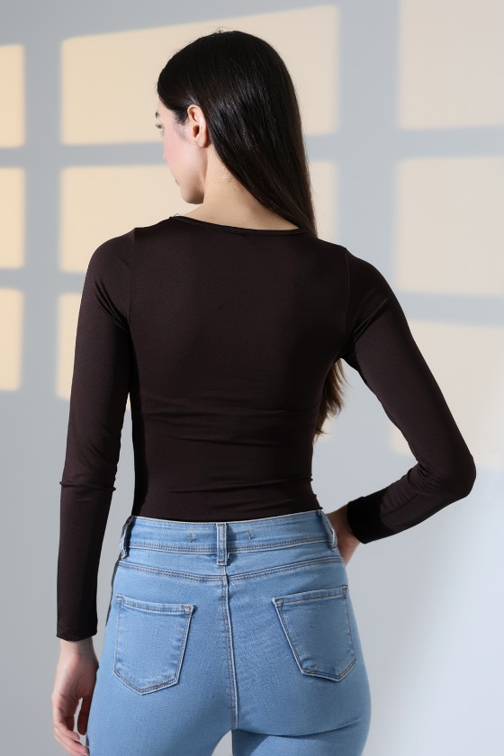 Bisiklet Yaka Uzun Kollu Altı Külotlu ve Çıt Çıtlı Kadın Atlet T-Shirt 21941 KAHVE
