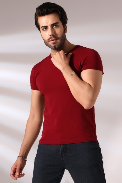 Pis Dikim V Yaka Penye Kompakt Likralı Basic Kısa Kol T-Shirt 19955 BORDO Pis Dikim V Yaka Penye Kompakt Likralı Basic Kısa Kol T-Shirt 19955 BORDO