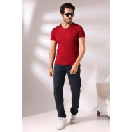 Pis Dikim V Yaka Flamlı T-Shirt 19958 BORDO