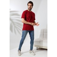 Erkek %100 Pamuklu Penye Kompakt Bisiklet Yaka Comfort Fit Basic T-Shirt 21751 BORDO