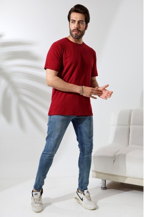 Erkek %100 Pamuklu Penye Kompakt Bisiklet Yaka Comfort Fit Basic T-Shirt 21751 BORDO