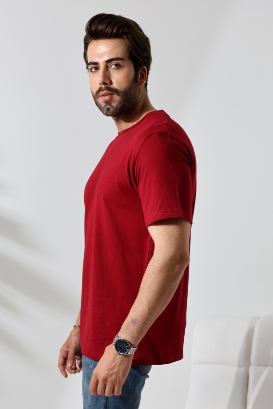 Erkek %100 Pamuklu Penye Kompakt Bisiklet Yaka Comfort Fit Basic T-Shirt 21751 BORDO