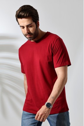 Erkek %100 Pamuklu Penye Kompakt Bisiklet Yaka Comfort Fit Basic T-Shirt 21751 BORDO