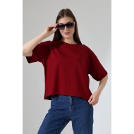 %100 Pamuklu Bisiklet Yaka Basic Regular Size Yanları Yırtmaçlı Kadın T-Shirt 21929 BORDO