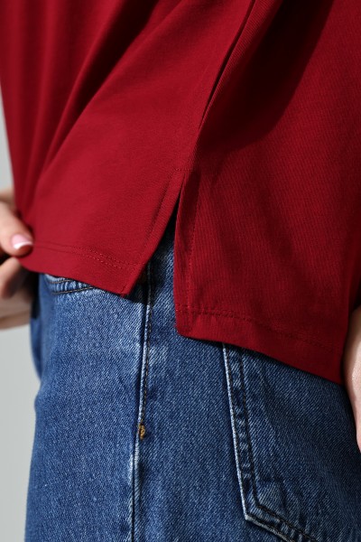 %100 Pamuklu Bisiklet Yaka Basic Regular Size Yanları Yırtmaçlı Kadın T-Shirt 21929 BORDO