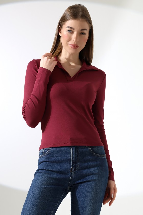 Düğmesiz Gömlek Yaka Uzun Kol Basic Kadın T-Shirt 21938 BORDO