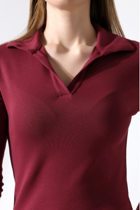 Düğmesiz Gömlek Yaka Uzun Kol Basic Kadın T-Shirt 21938 BORDO