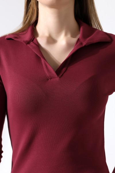 Düğmesiz Gömlek Yaka Uzun Kol Basic Kadın T-Shirt 21938 BORDO