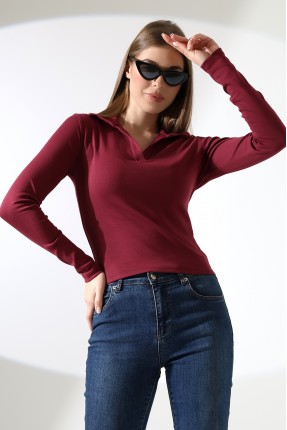 Düğmesiz Gömlek Yaka Uzun Kol Basic Kadın T-Shirt 21938 BORDO