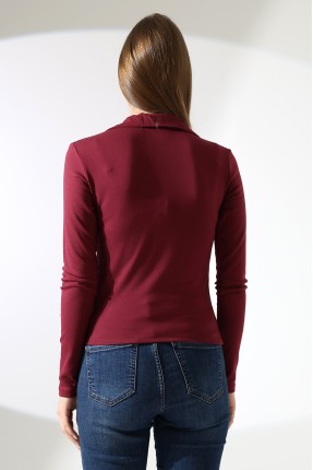 Düğmesiz Gömlek Yaka Uzun Kol Basic Kadın T-Shirt 21938 BORDO