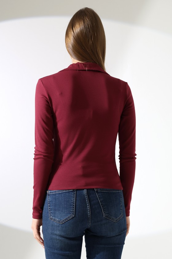 Düğmesiz Gömlek Yaka Uzun Kol Basic Kadın T-Shirt 21938 BORDO