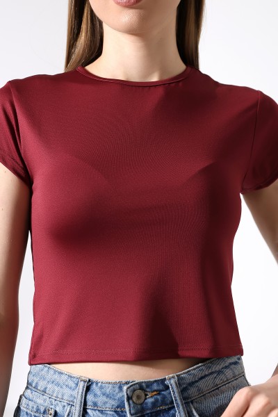 Soft Touch Bisiklet Yaka Kısa Kollu Crop Kesim Basic Düz Kadın T-Shirt 21974 BORDO