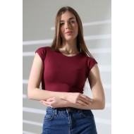 Düşük Kol Fitted Vücuda Oturan Bisiklet Yaka Kadın Basic Crop T-Shirt 21932 BORDO