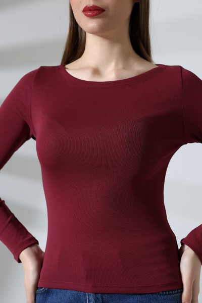 Uzun Kollu Kayık Yaka Vücudu Saran Basic Kadın Body T-Shirt 21897 BORDO