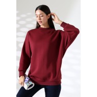 Yarım Balıkçı Yaka Oversize Geniş Kesim Pamuklu Yumuşak Dokulu Basic Kadın Tunik Sweatshirt 21910 BORDO