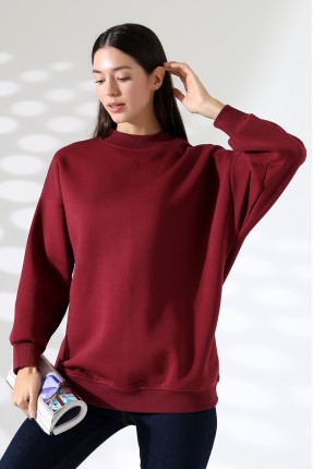 Yarım Balıkçı Yaka Şardonlu Salaş Basic Kadın Oversize Tunik Sweatshirt 21910 BORDO