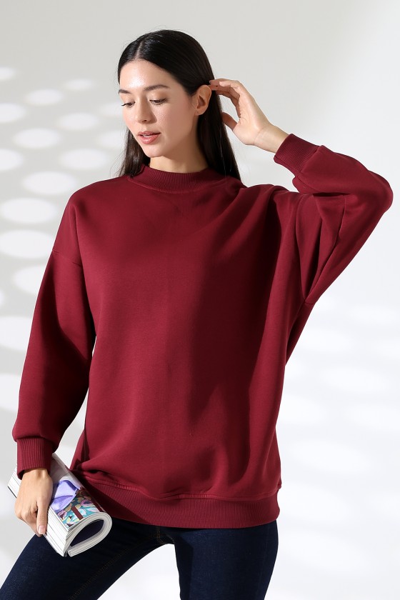 Yarım Balıkçı Yaka Şardonlu Salaş Basic Kadın Oversize Tunik Sweatshirt 21910 BORDO