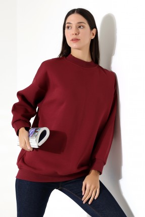 Yarım Balıkçı Yaka Şardonlu Salaş Basic Kadın Oversize Tunik Sweatshirt 21910 BORDO