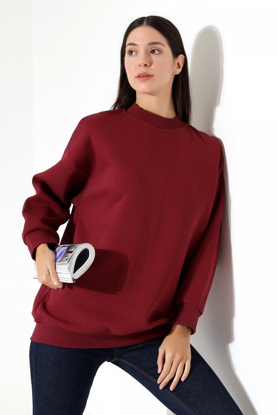 Yarım Balıkçı Yaka Şardonlu Salaş Basic Kadın Oversize Tunik Sweatshirt 21910 BORDO